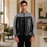Men Black & Grey Sheepskin Leather Jacket | Varsity Style