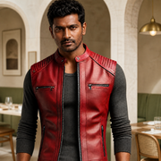 Premium Sleeveless Red Leather Jacket - A-Grade Leather, Slim Fit Design