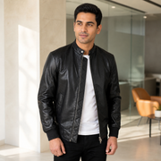 Pg Signature Black Leather Bomber Jacket