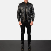 Pg Signature Black Leather Bomber Jacket