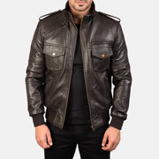 Pg Signature Brown Leather Bomber Jacket