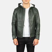 Pg Signature Green Hooded Leather Bomber Jacket