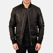 Pg Signature Distressed Black Leather Bomber Jacket