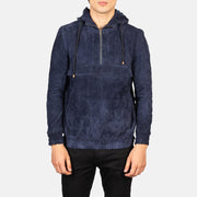 Hooded Blue Suede Pullover Jacket
