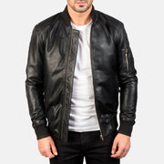 Pg Signature Black Leather Bomber Jacket