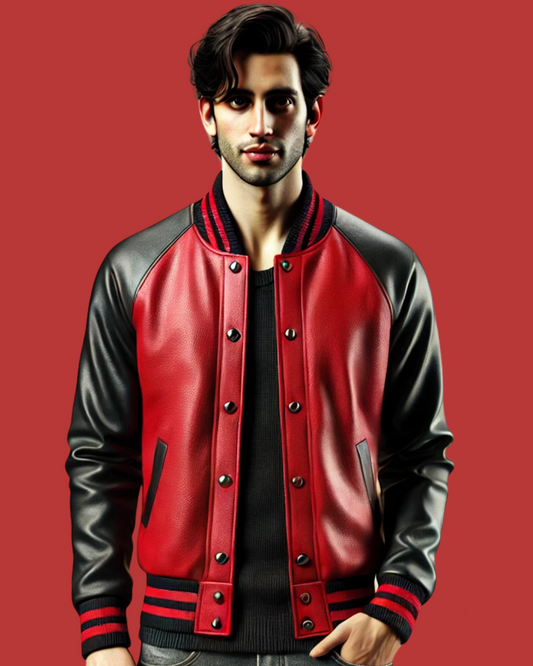 Black and Red Varsity Jacket - A-Grade Sheep Leather with Solid Black Ribs-GLJK8