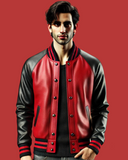 Black and Red Varsity Jacket - A-Grade Sheep Leather with Solid Black Ribs-GLJK8