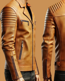 Tan Leather Biker Jacket - Minimalist Design with Streamlined Features