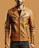 Tan Leather Biker Jacket - Minimalist Design with Streamlined Features