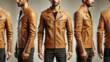 Tan Leather Biker Jacket - Minimalist Design with Streamlined Features