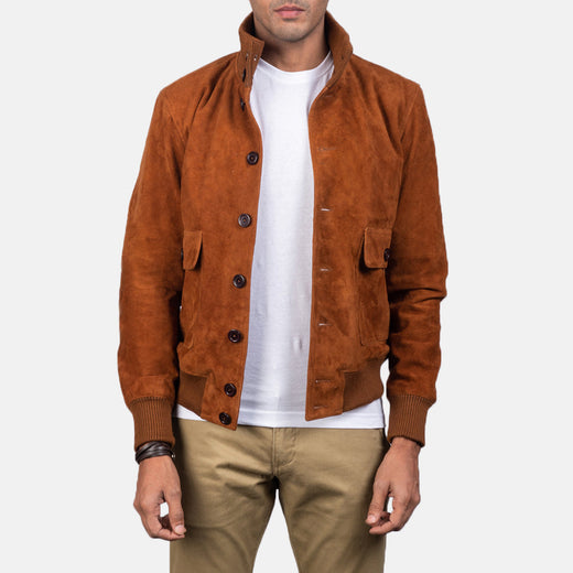 Pg Signature Brown Suede Bomber Jacket-GLJK140