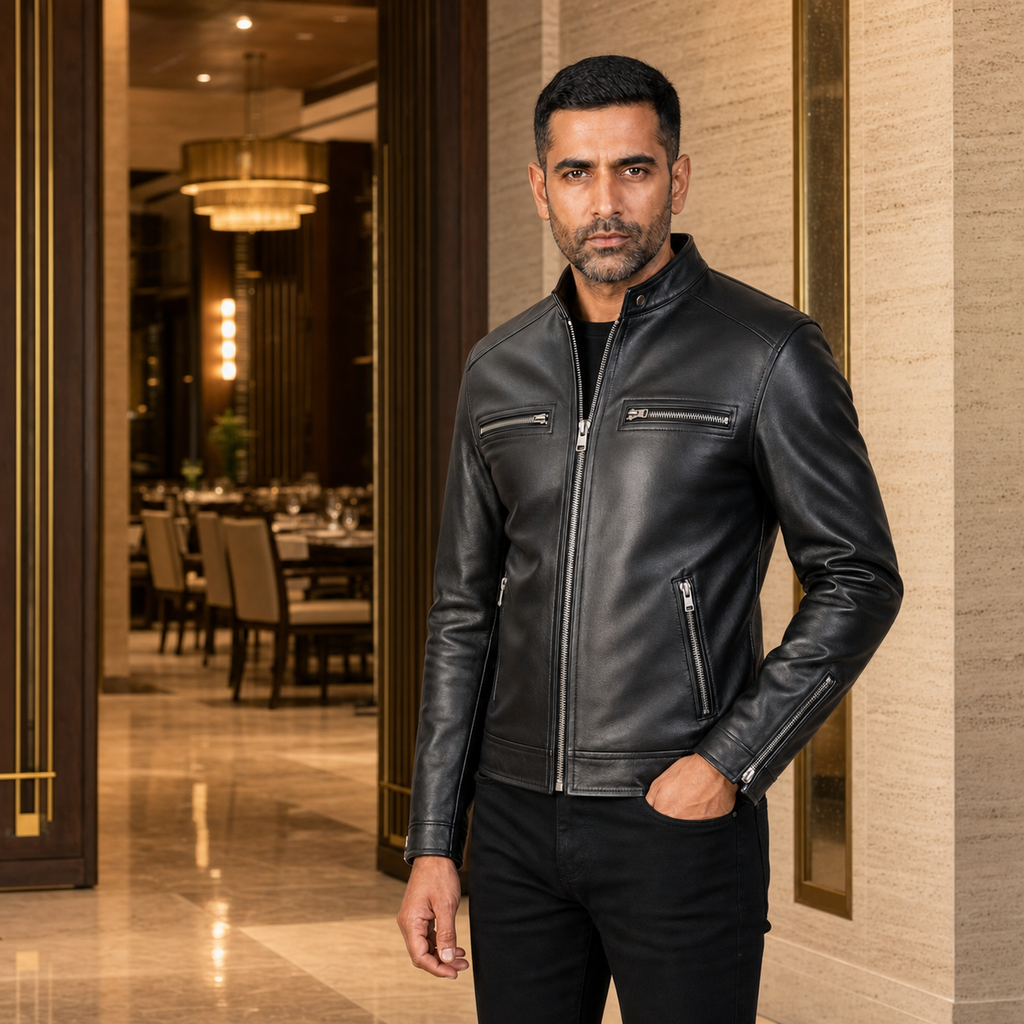 Close view of a GOAT leather jacket, made to order in India