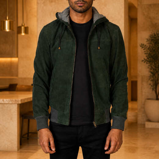 Green Hooded Suede Bomber Jacket-GLJK101