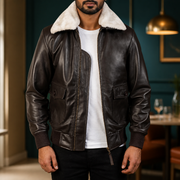 Pg Signature Brown Leather Bomber Jacket