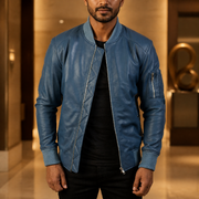 Pg Signature Blue Leather Bomber Jacket