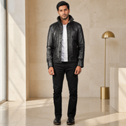 Pg Signature Black Leather Bomber Jacket
