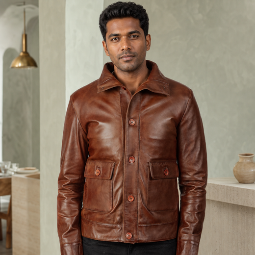 Pg Signature Brown Leather Bomber Jacket-GLJK120