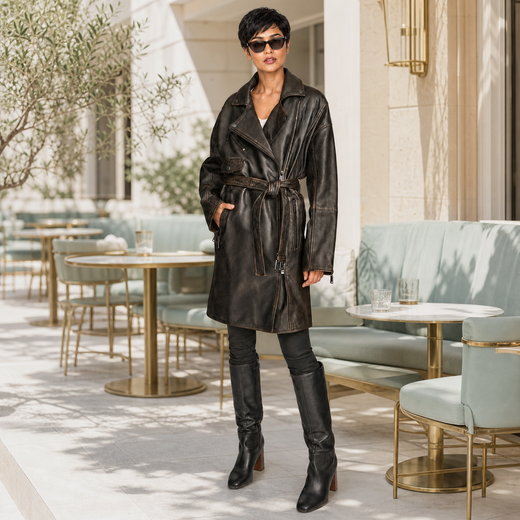 Washed Moto Trench Leather Jacket-GLJK46