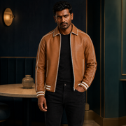 Pg Signature Tan Brown Leather Varsity Jacket
