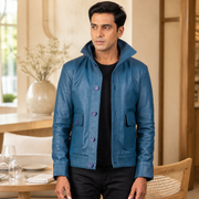 Pg Signature Blue Leather Bomber Jacket