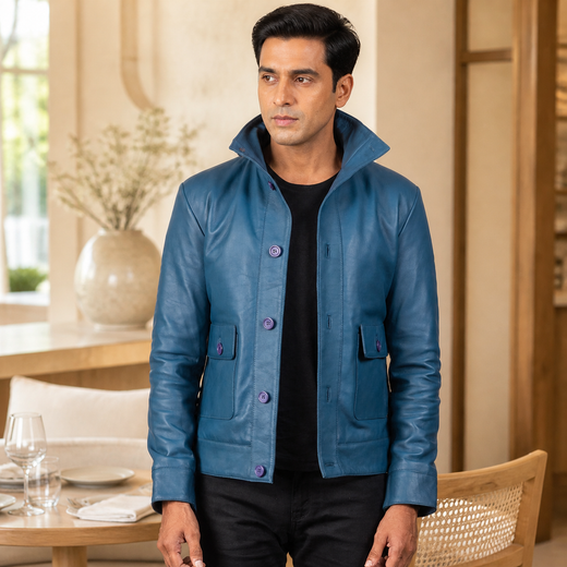 Pg Signature Blue Leather Bomber Jacket-GLJK91