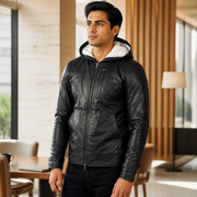 Pg Signature Black Hooded Leather Bomber Jacket