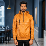Hooded Brown Leather Pullover Jacket