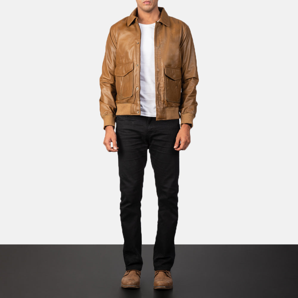 Pg Signature Brown Leather Bomber Jacket-GLJK116 – G O A T