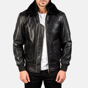 Pg Signature Black Leather Bomber Jacket