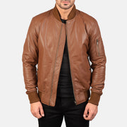 Pg Signature Brown Leather Bomber Jacket