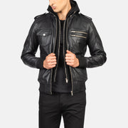 Pg Signature Black Hooded Leather Bomber Jacket