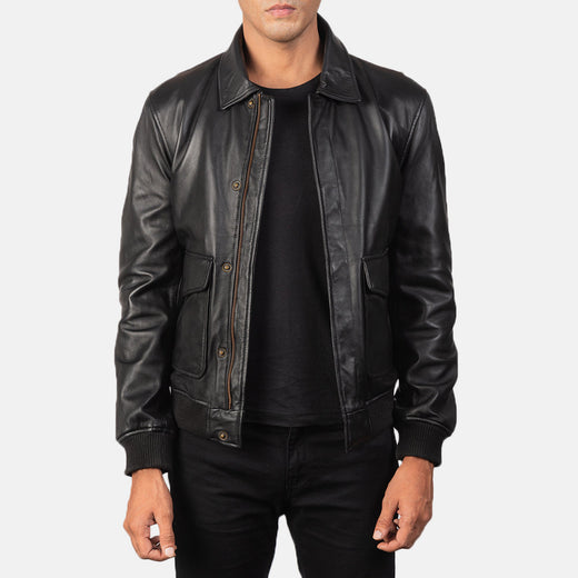 Pg Signature Black Leather Bomber Jacket-GLJK129