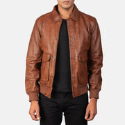 Pg Signature Brown  Leather Bomber Jacket