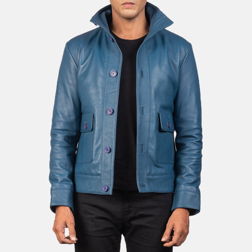 Pg Signature Blue Leather Bomber Jacket-GLJK91