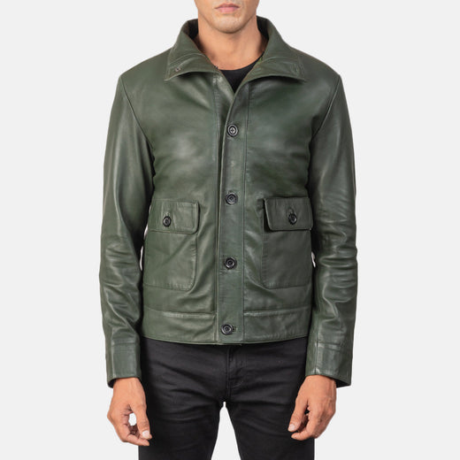 Pg Signature Green Leather Bomber Jacket-GLJK131
