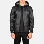 Black Hooded Leather Bomber Jacket