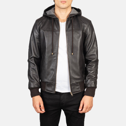 Brown Hooded Leather Bomber Jacket-GLJK121