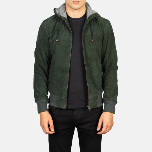 Green Hooded Suede Bomber Jacket-GLJK101