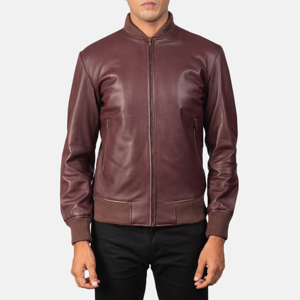 Maroon Leather Bomber Jacket-GLJK89 – G O A T