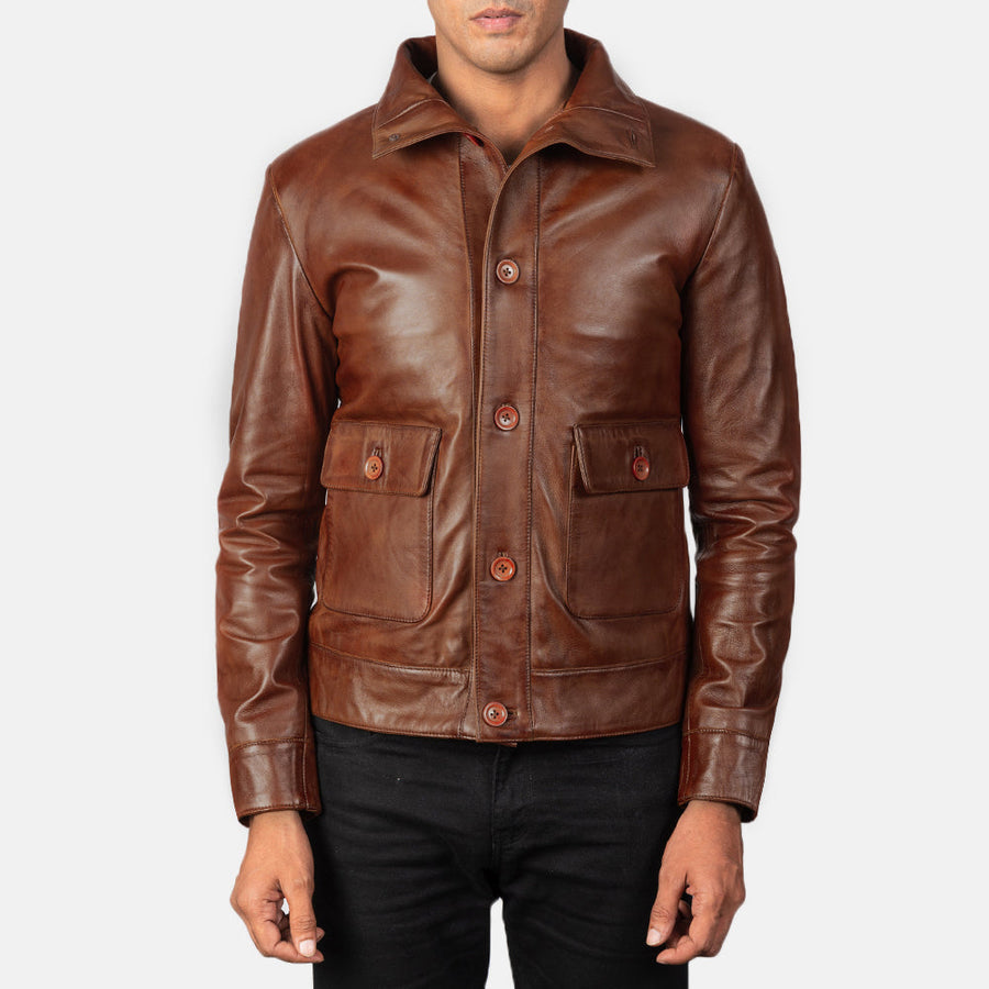 Pg Signature Brown Leather Bomber Jacket-GLJK120