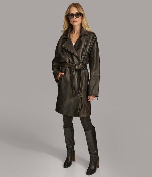Washed Moto Trench Leather Jacket-GLJK46