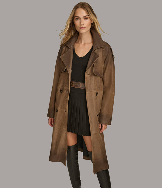 Distressed Leather Trench Coat