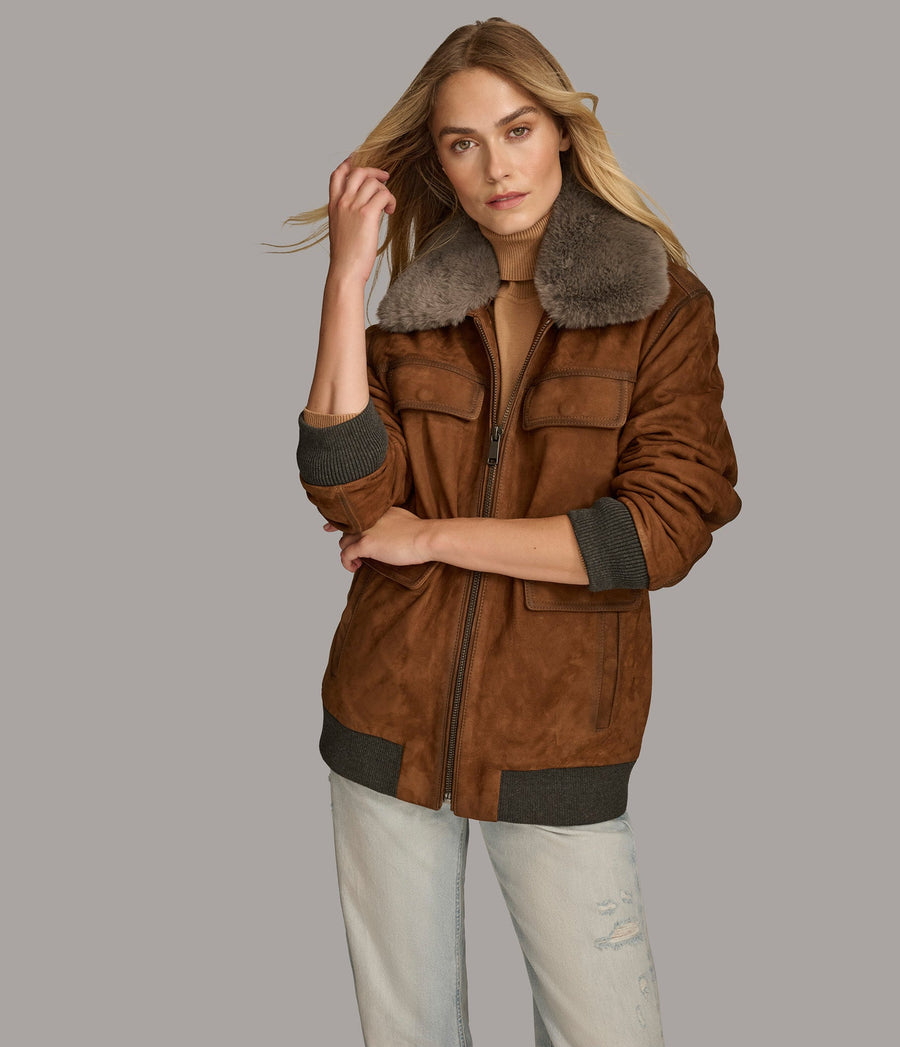 Bomber With Faux Fur Collar-GLJK57