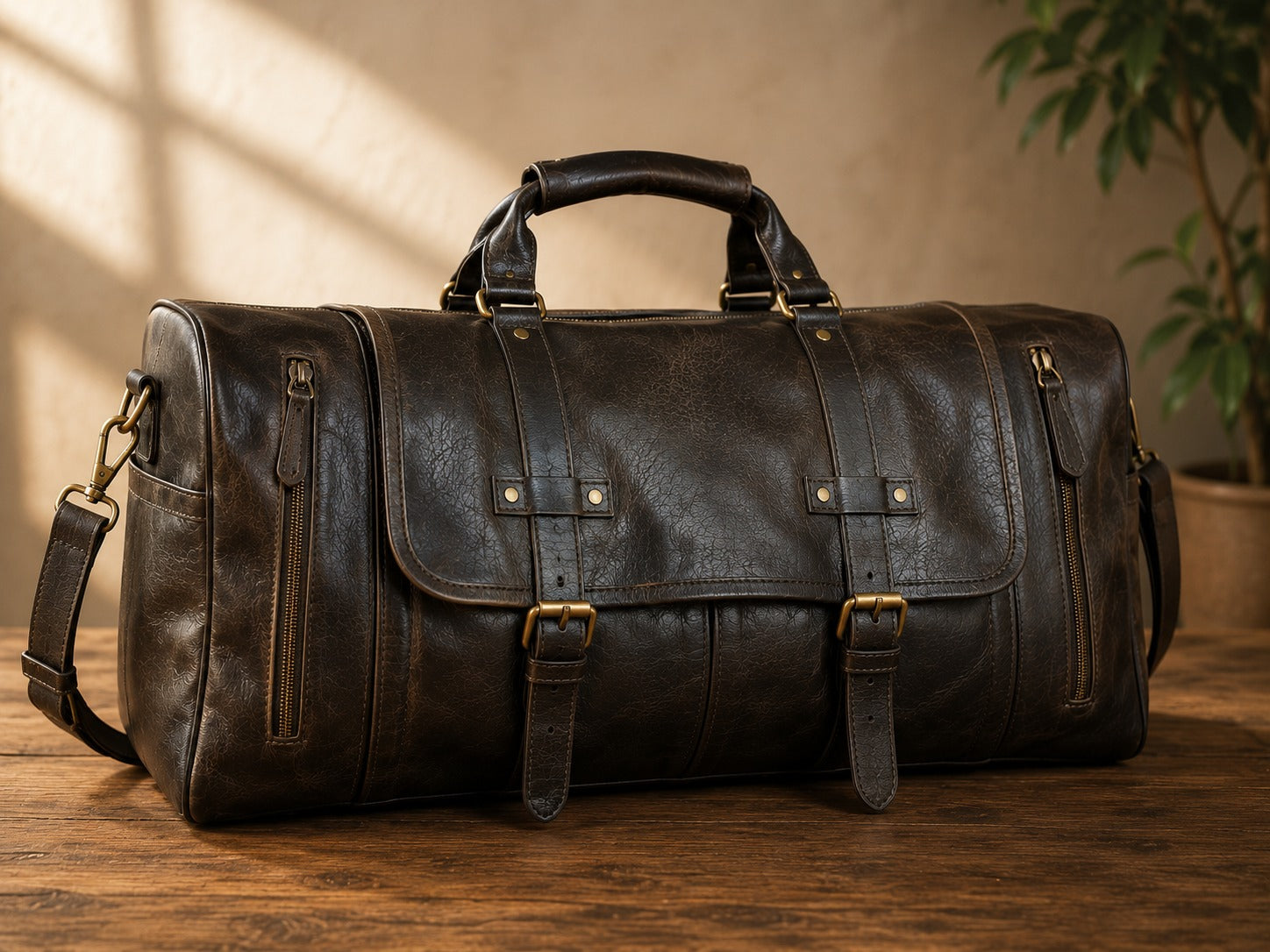 Vintage Leather Duffle Bag Dark Brown
