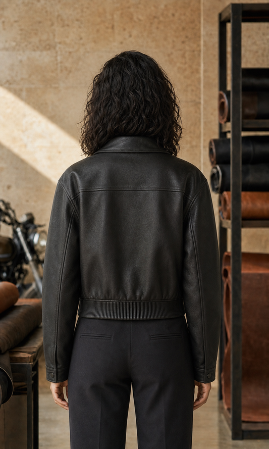 Orbit Crop Bomber leather jacket back view