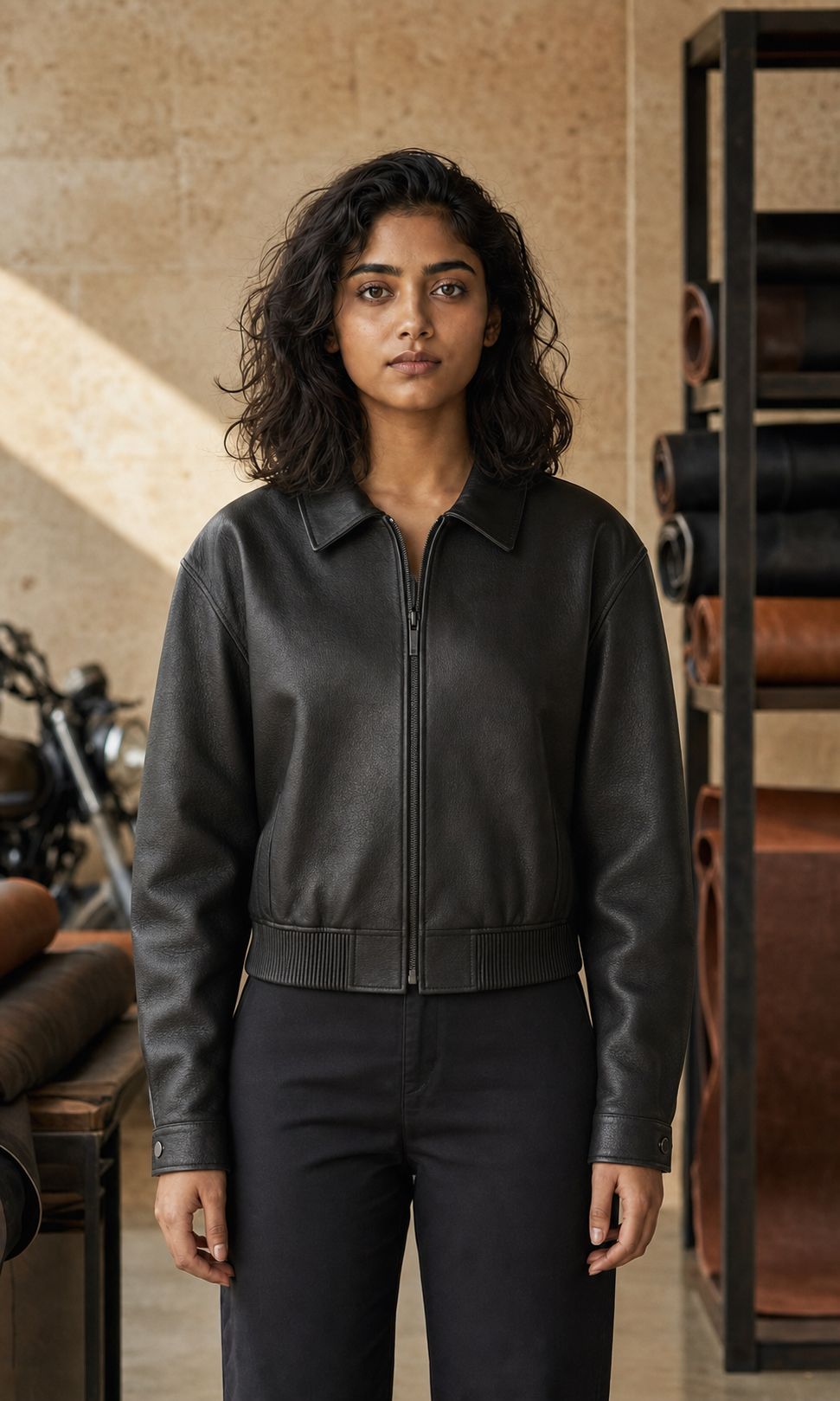 Orbit Crop Bomber black leather jacket front view