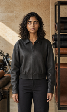Orbit Crop Bomber black leather jacket front view