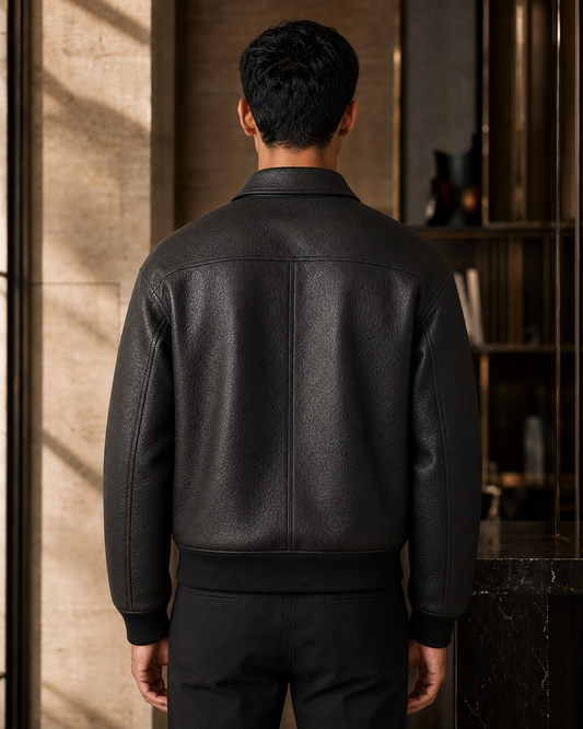 Block Bomber leather jacket back view