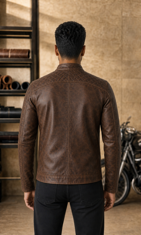Tobacco Mile leather jacket back view