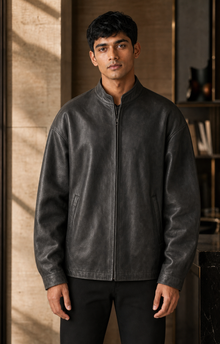 Seoul Volume washed black leather jacket front view